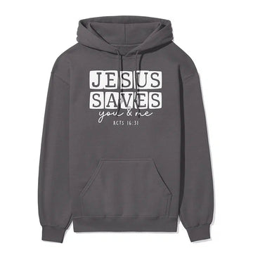 Jesus saves you & me unisex hoodie in charcoal color