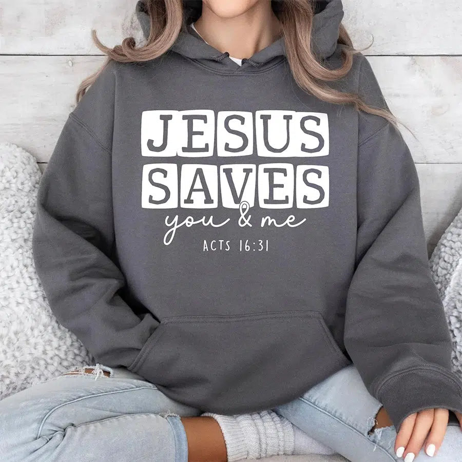 Womens Model Wearing Charcoal Jesus saves you & me unisex hoodie