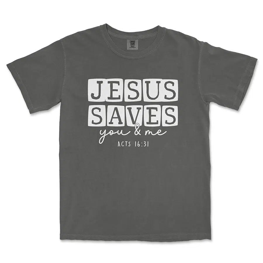 Jesus Saves You & Me Unisex Tee in pepper color