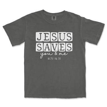 Jesus Saves You & Me Unisex Tee in pepper color