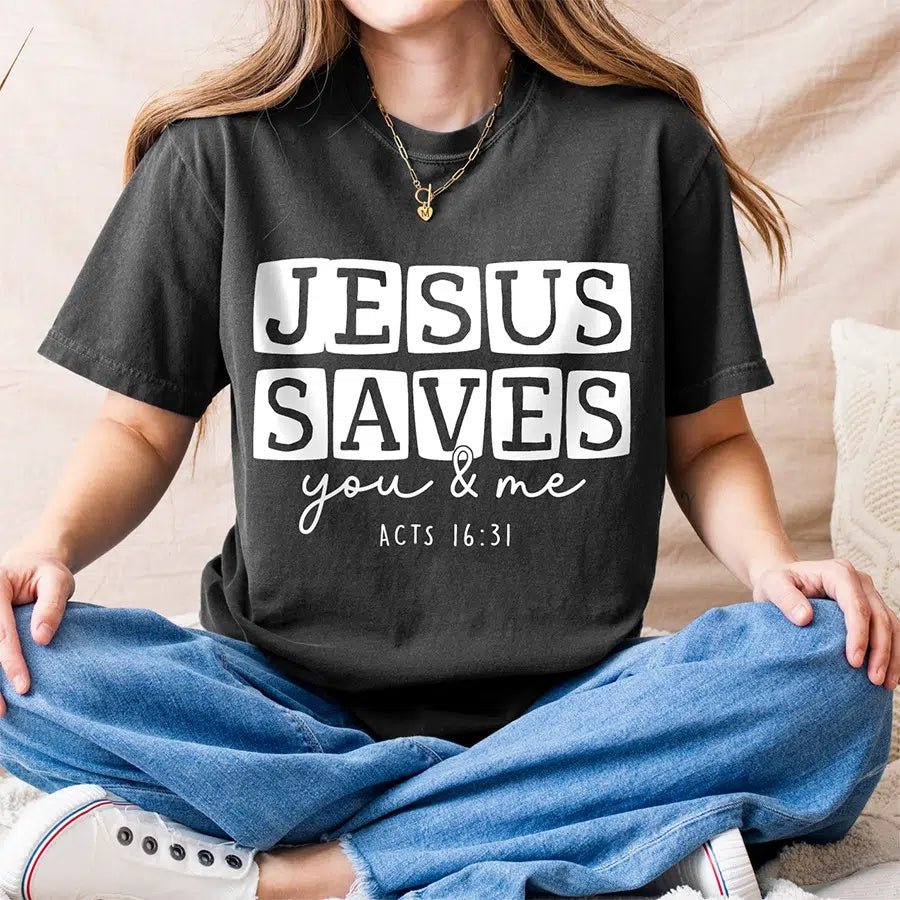 Jesus Saves You & Me Unisex Tee in pepper color