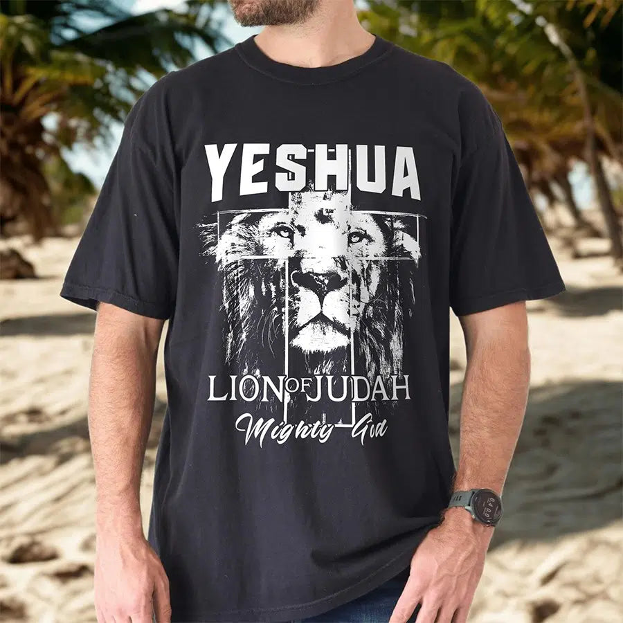 Mens Model Wearing Black Yeshua Lion of Judah Unisex Tee