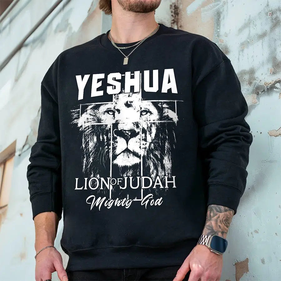Mens Model Wearing Black Yeshua Lion of Judah Unisex Sweatshirt