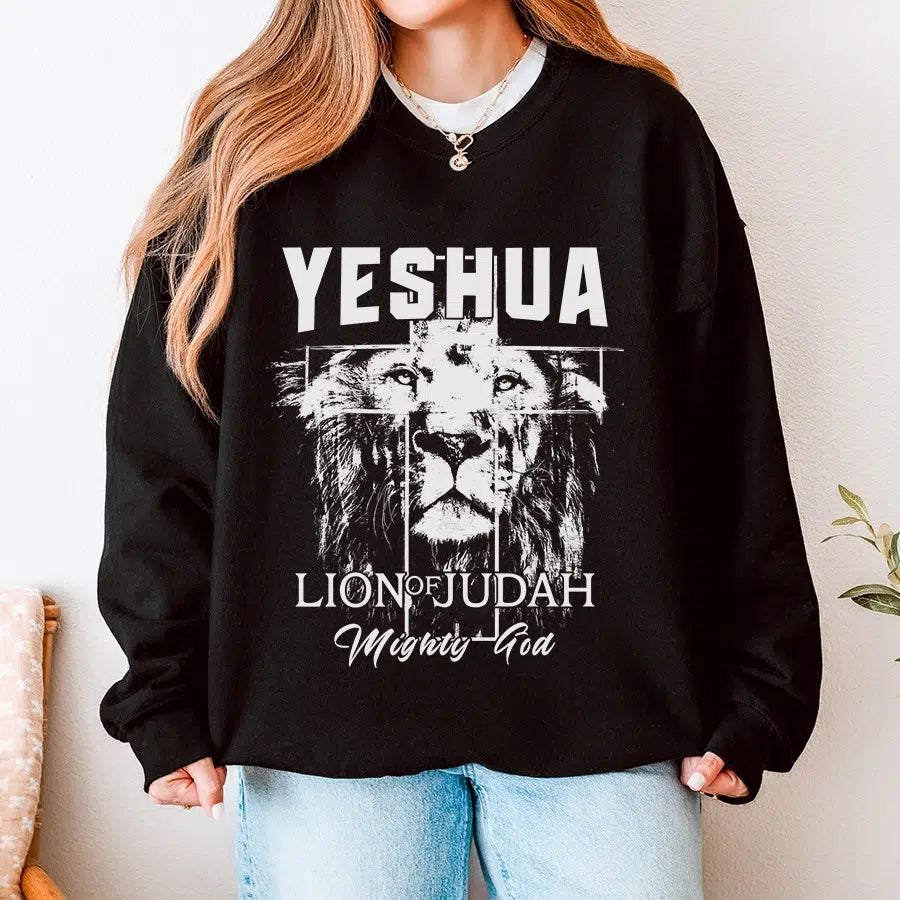 Womens Model Wearing Black Yeshua Lion of Judah Unisex Sweatshirt