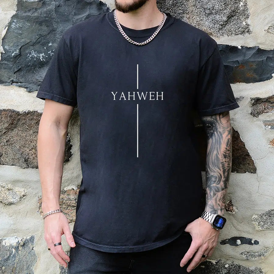 Mens Model Wearing Black Yahweh Cross Unisex Tee