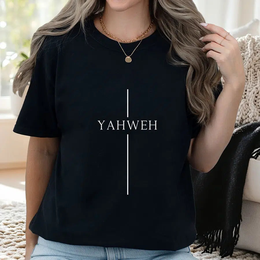 Womens Model Wearing Black Yahweh Cross Unisex Tee