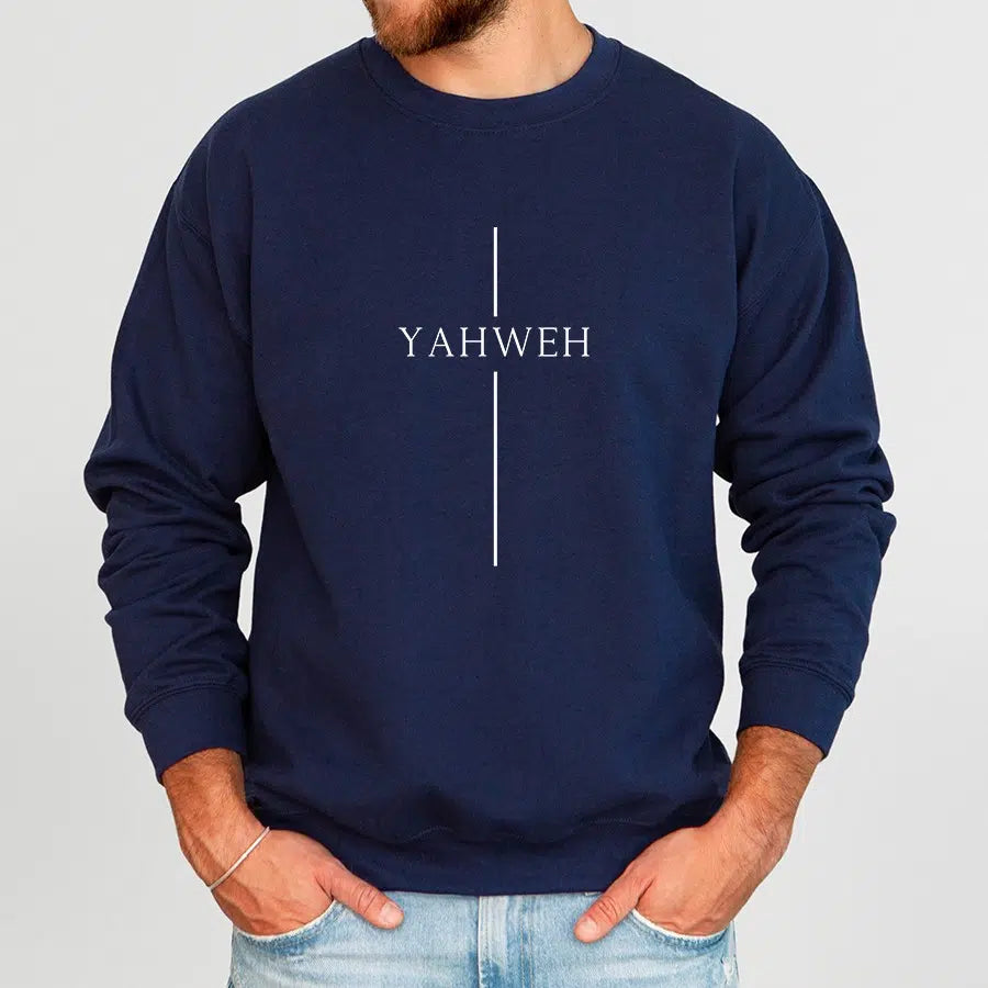 Mens Model Wearing Navy Yahweh Cross Unisex Sweatshirt