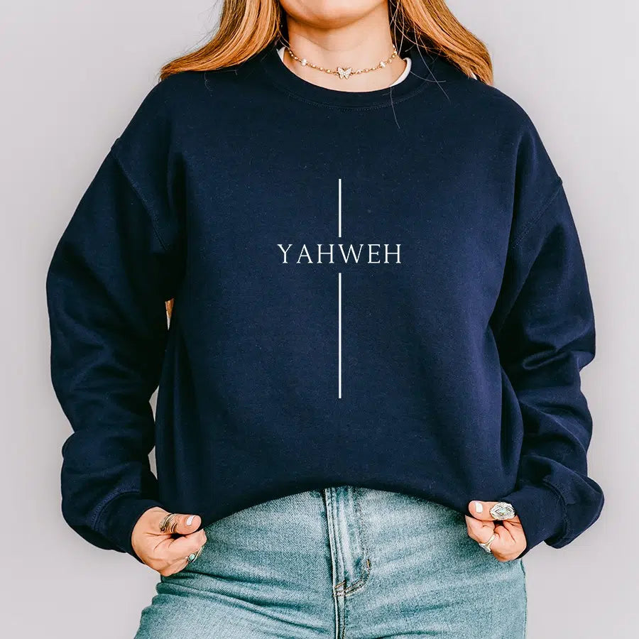 Womens Model Wearing Navy Yahweh Cross Unisex Sweatshirt