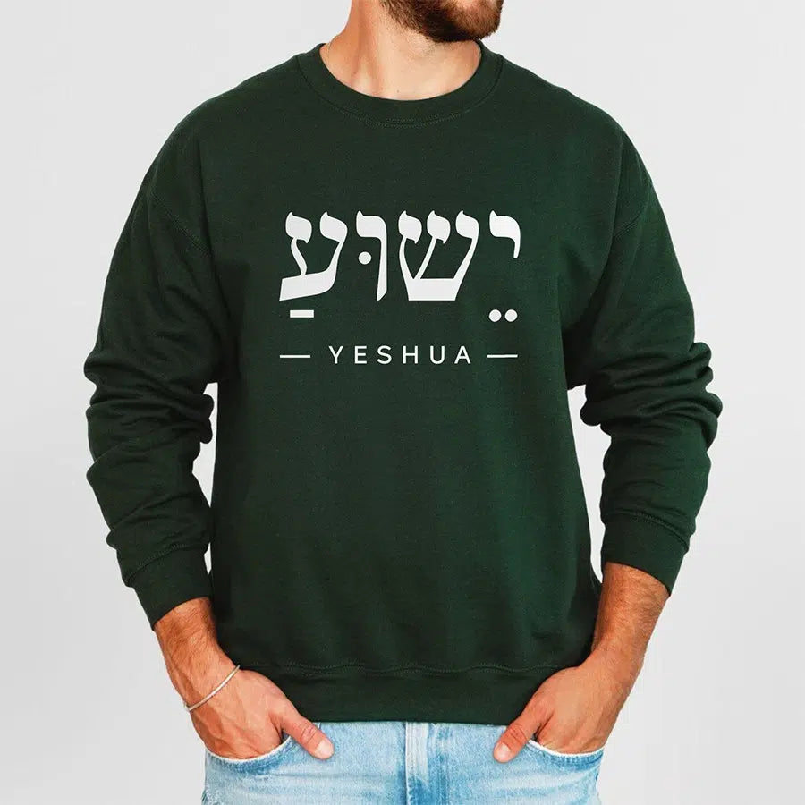 Mens Model Wearing Forest Yeshua in Hebrew Unisex Sweatshirt