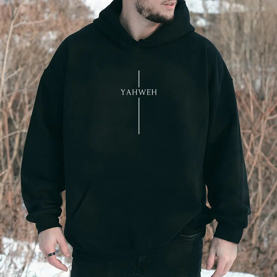 Mens Model Wearing Black Yahweh Cross Unisex Hoodie