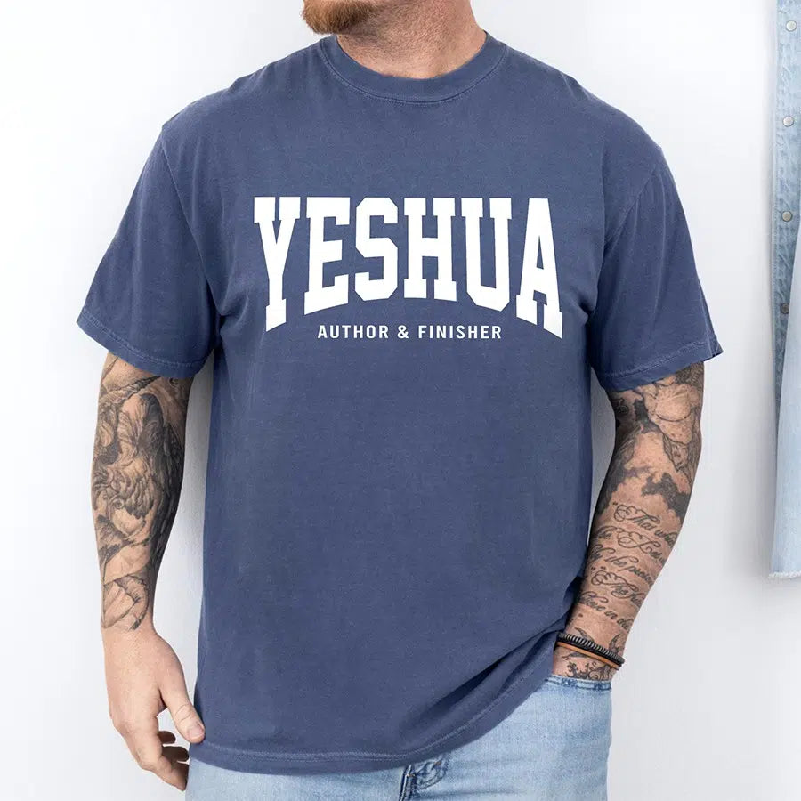Mens Model Wearing Denim Yeshua Author & Finisher Unisex Tee