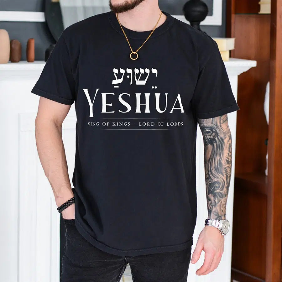 Mens Model Wearing Black Yeshua King of Kings Lord of Lords Unisex Tee