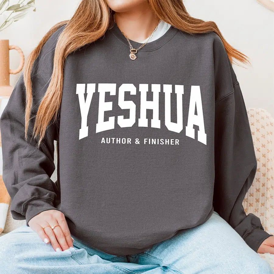 Womens Model Wearing Charcoal Yeshua Author & Finisher Unisex Sweatshirt