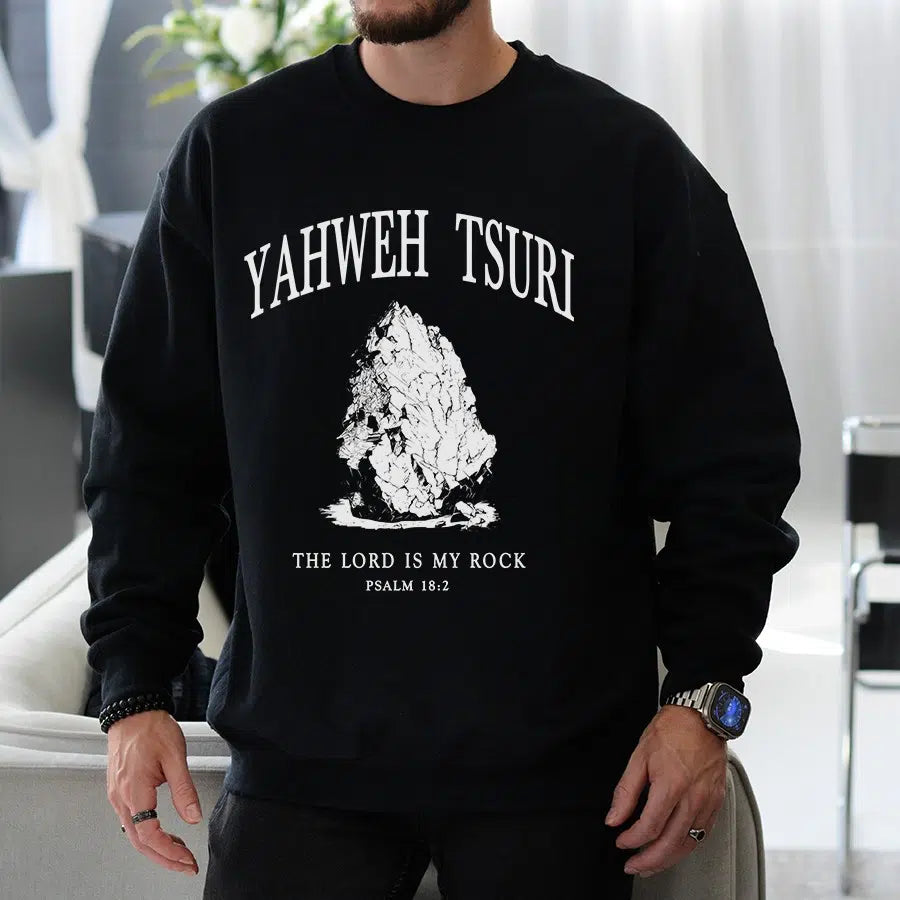 Mens Model Wearing Black Yahweh Tsuri Unisex Sweatshirt