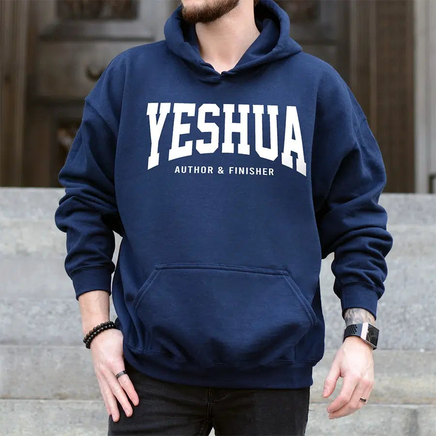 Mens Model Wearing Navy Yeshua Author & Finisher Unisex Hoodie