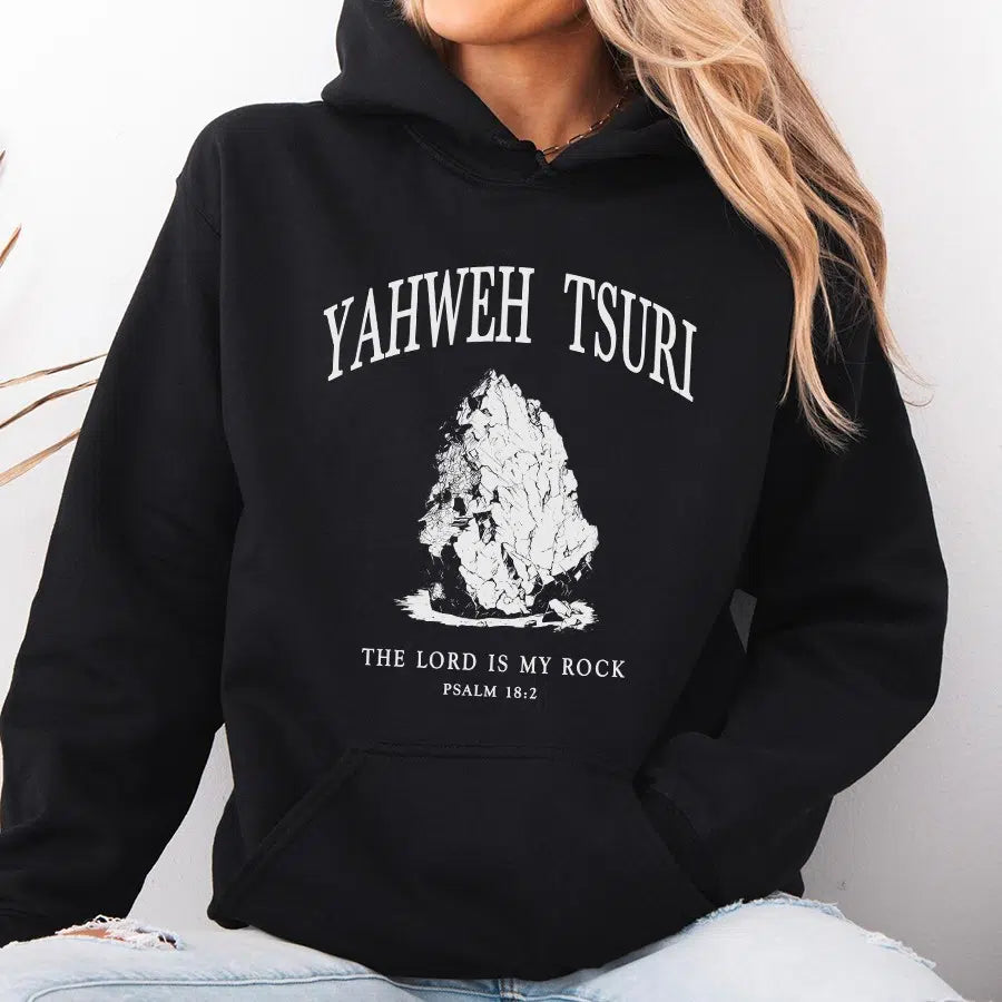 Womens Model Wearing Black Yahweh Tsuri Unisex Hoodie