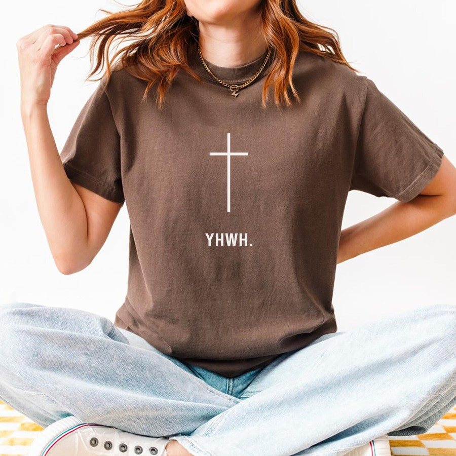 Womens Model Wearing Espresso YHWH Cross Unisex Tee