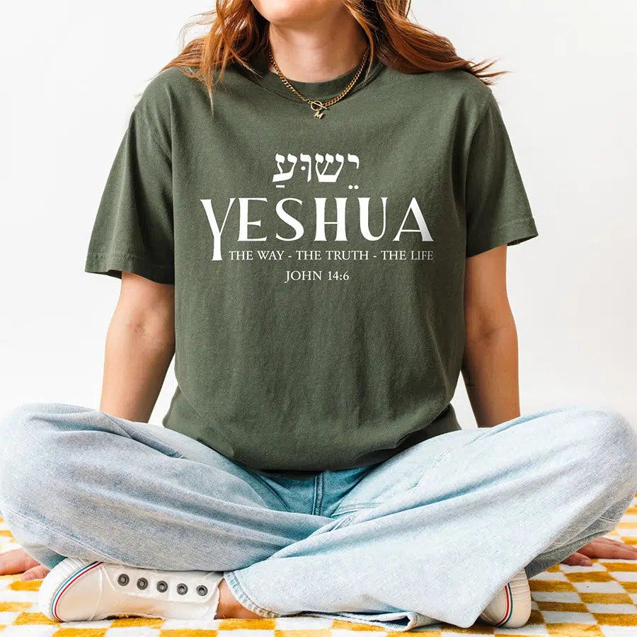 Womens Model Wearing Moss Yeshua The Way The Truth The Life Unisex Tee