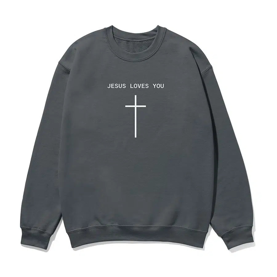 Jesus Loves You Cross Unisex Sweatshirt in charcoal color