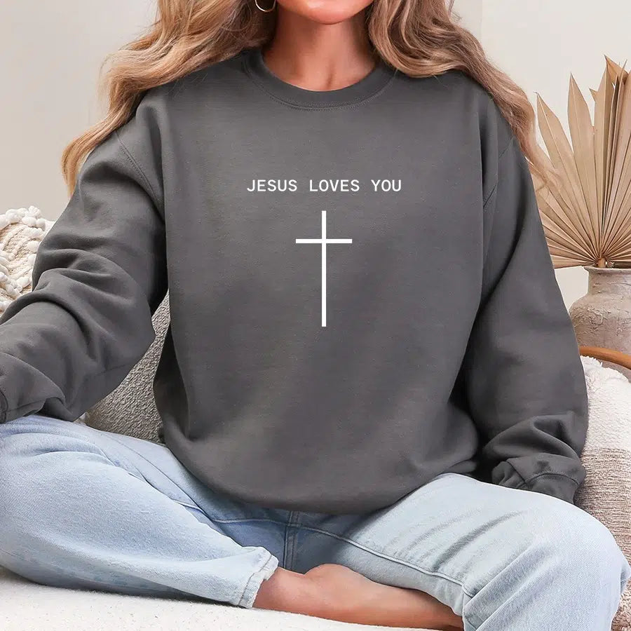 Jesus Loves You Cross Unisex Sweatshirt in charcoal color