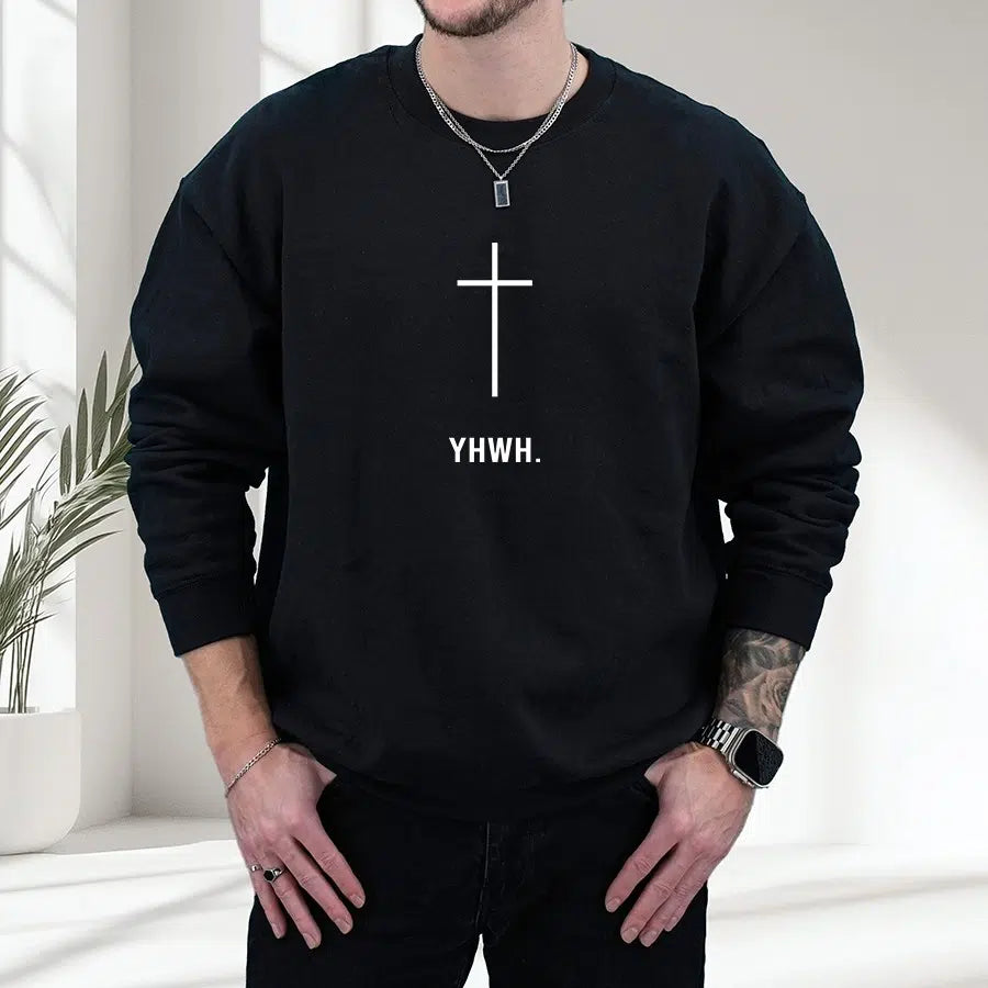 Mens Model Wearing Black YHWH Cross Unisex Sweatshirt