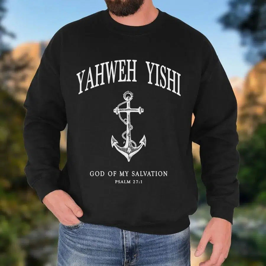 Mens Model Wearing Black Yahweh Yishi Unisex Sweatshirt