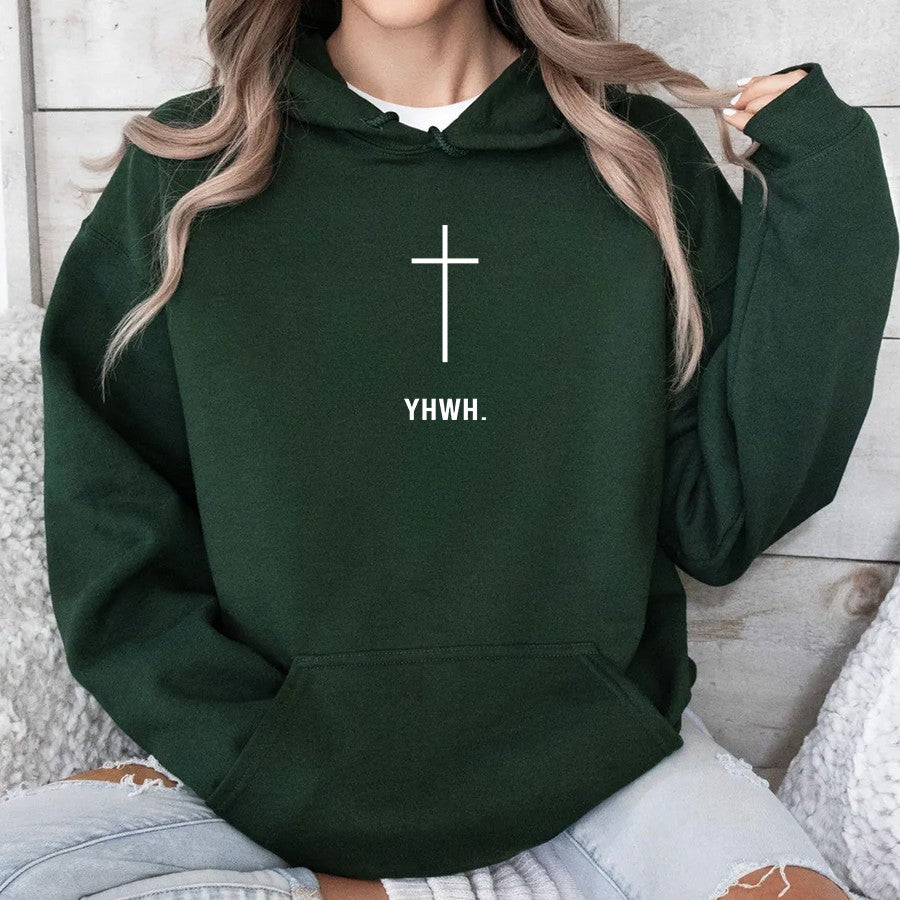 Womens Model Wearing Forest YHWH Cross Unisex Hoodie