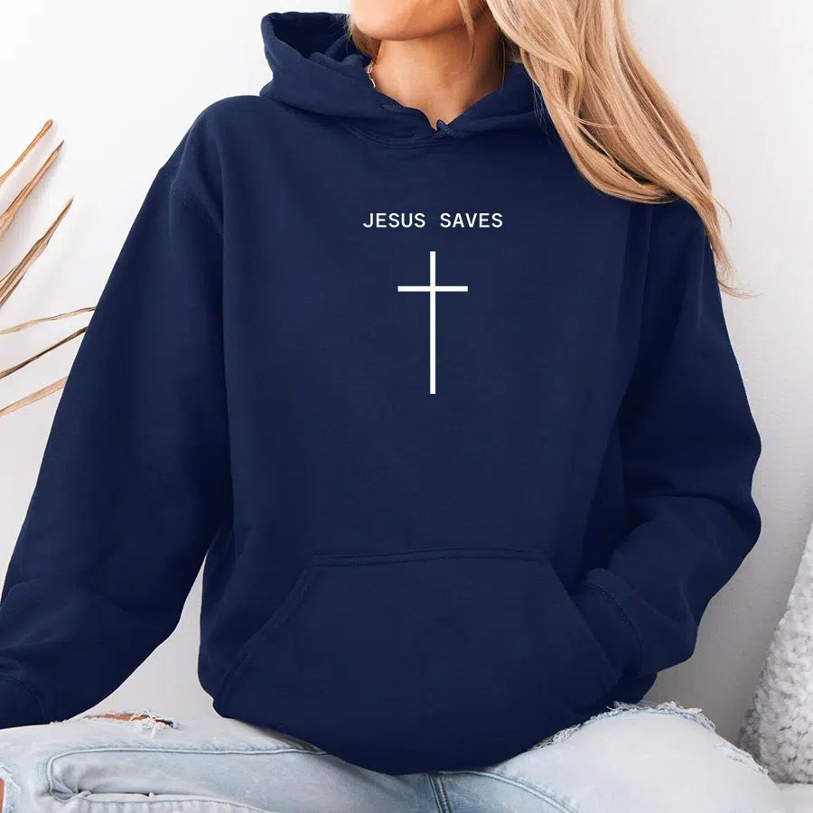 Womens Model Wearing Navy Jesus Saves Cross Unisex Hoodie