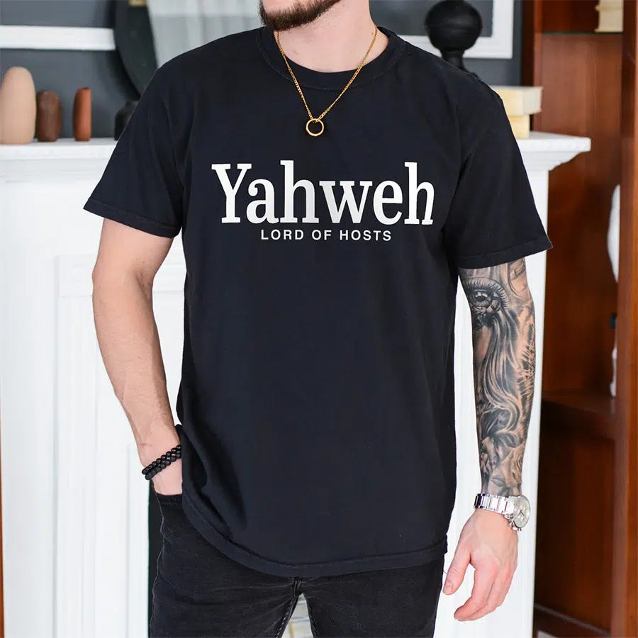 Mens Model Wearing Black Yahweh Lord of Hosts Unisex Tee