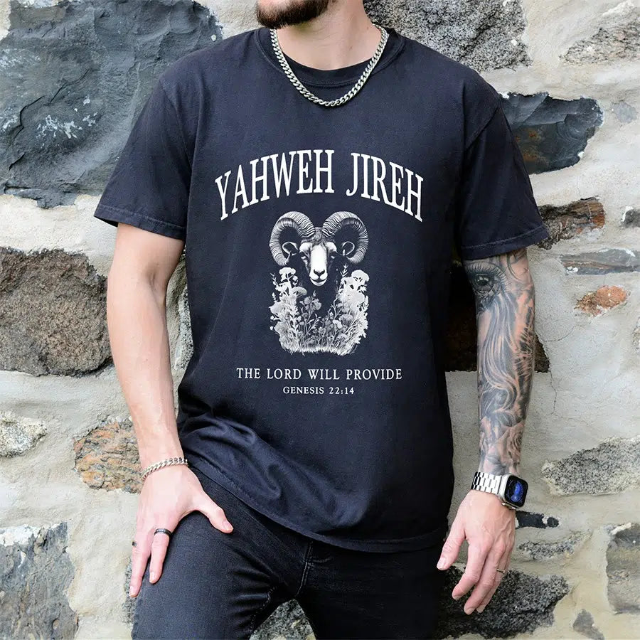 Mens Model Wearing Black Yahweh Jireh Unisex Tee