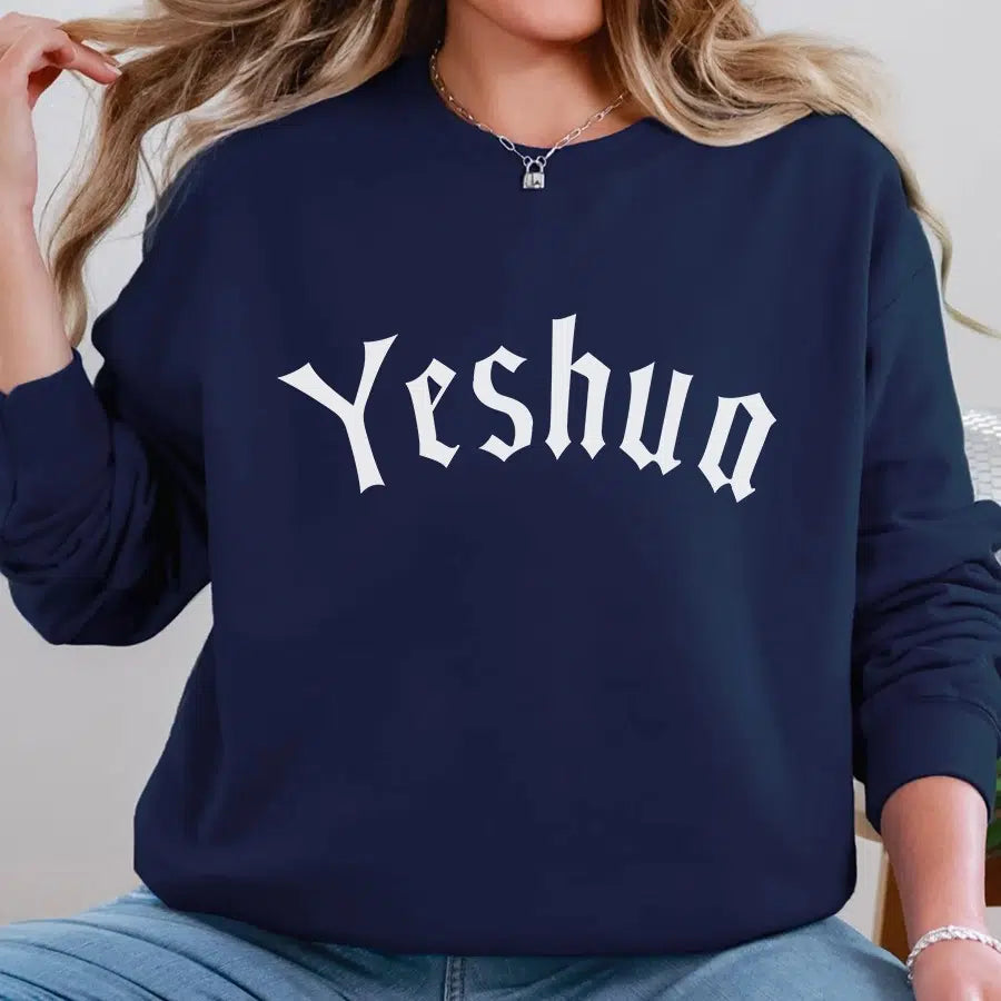 Womens Model Wearing Navy Yeshua Old English Unisex Sweatshirt