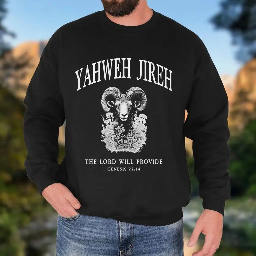 Mens Model Wearing Black Yahweh Jireh Unisex Sweatshirt