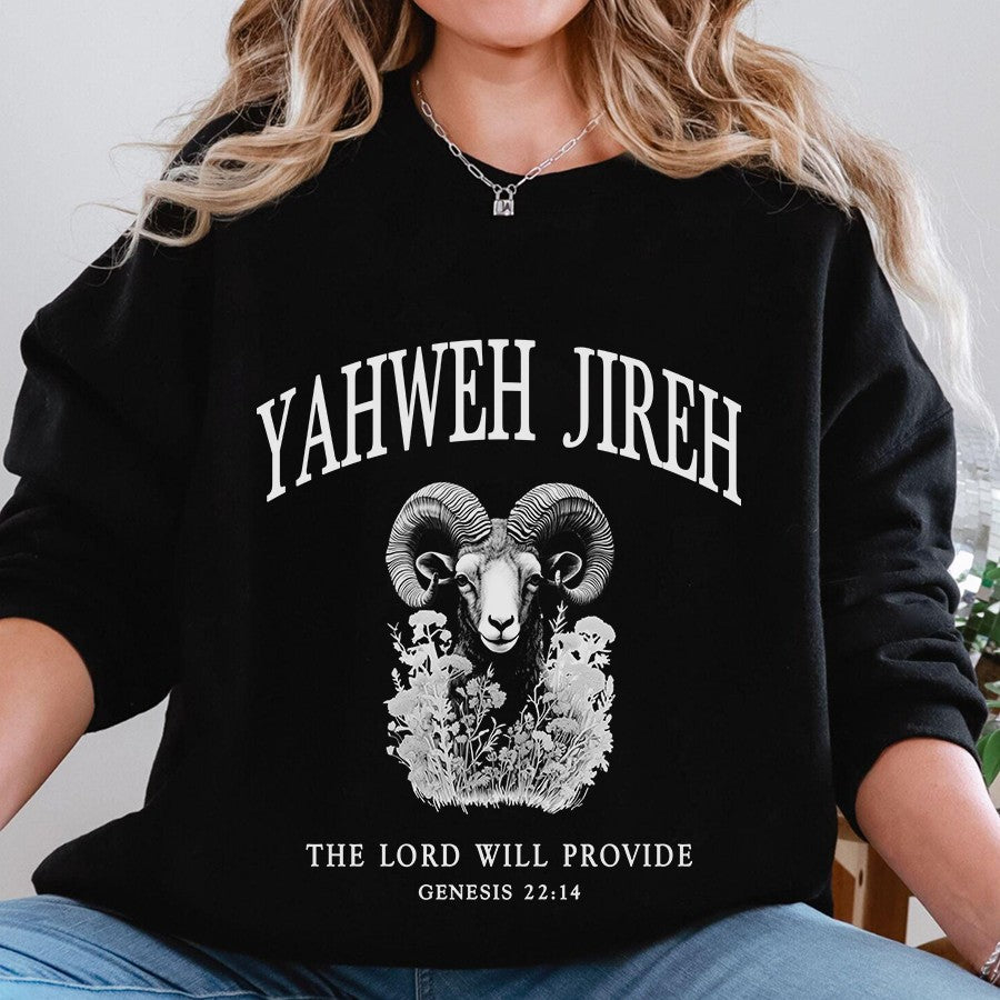 Womens Model Wearing Black Yahweh Jireh Unisex Sweatshirt