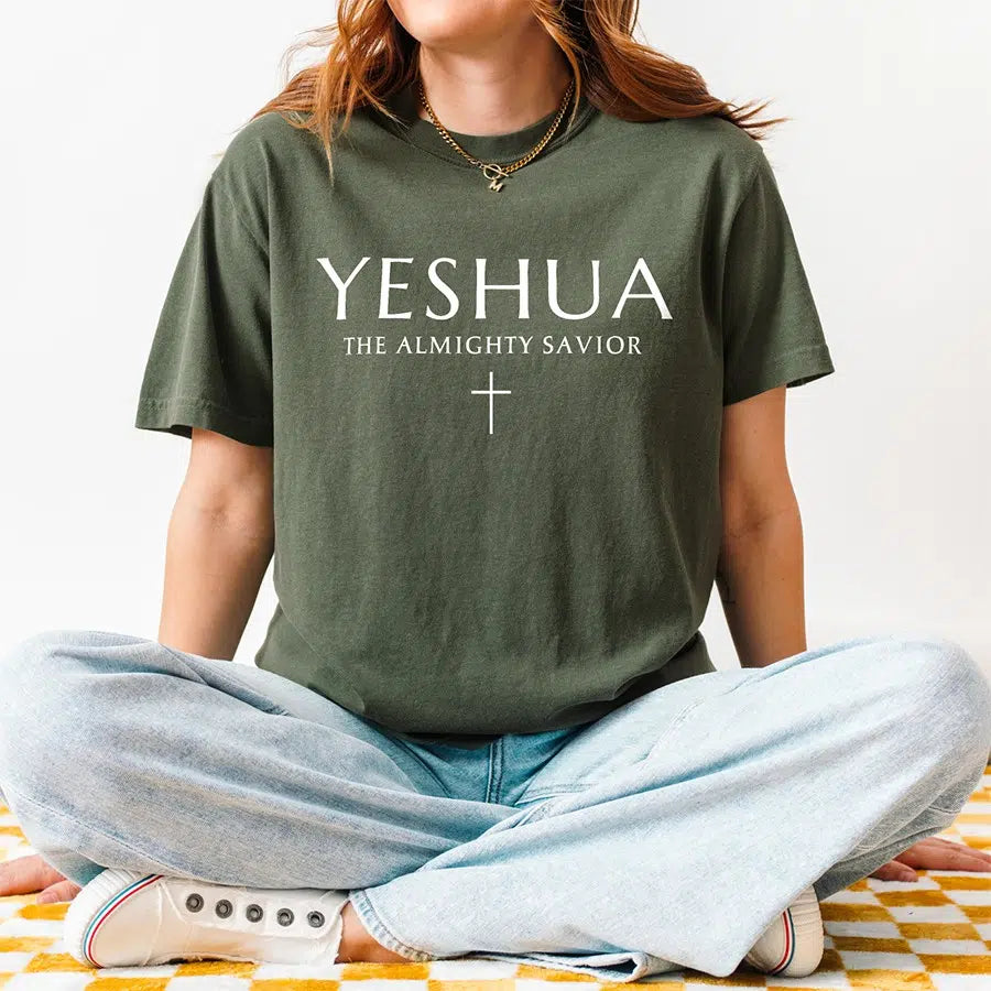 Womens Model Wearing Moss Yeshua The Almighty Savior Unisex Tee