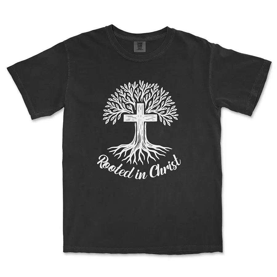 Rooted in Christ Unisex Tee in black color