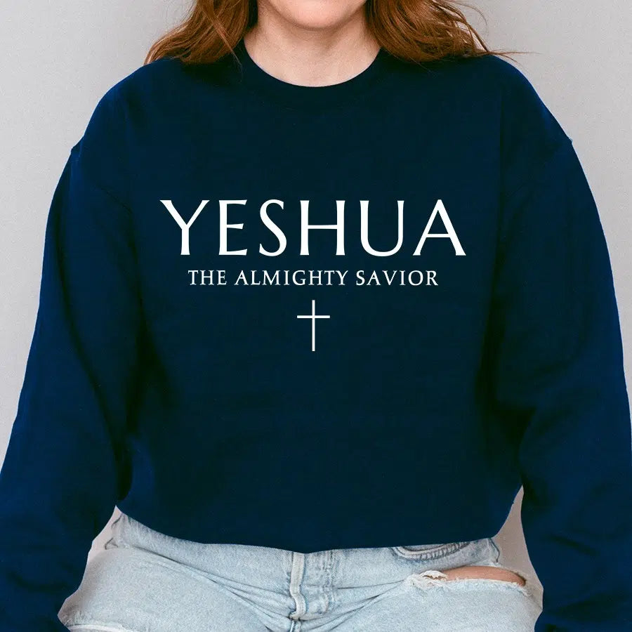 Womens Model Wearing Navy Yeshua The Almighty Savior Unisex Sweatshirt