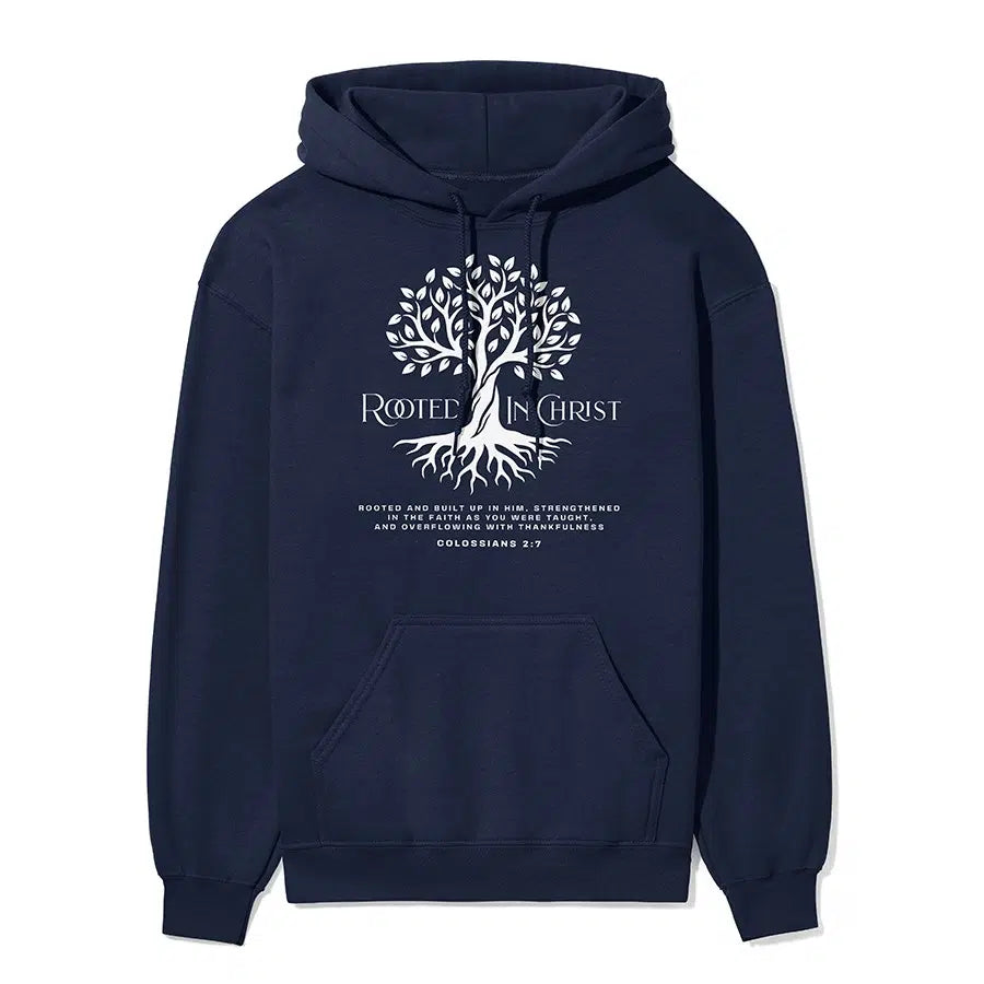 Rooted in Christ Unisex Hoodie in navy color
