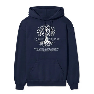 Rooted in Christ Unisex Hoodie in navy color