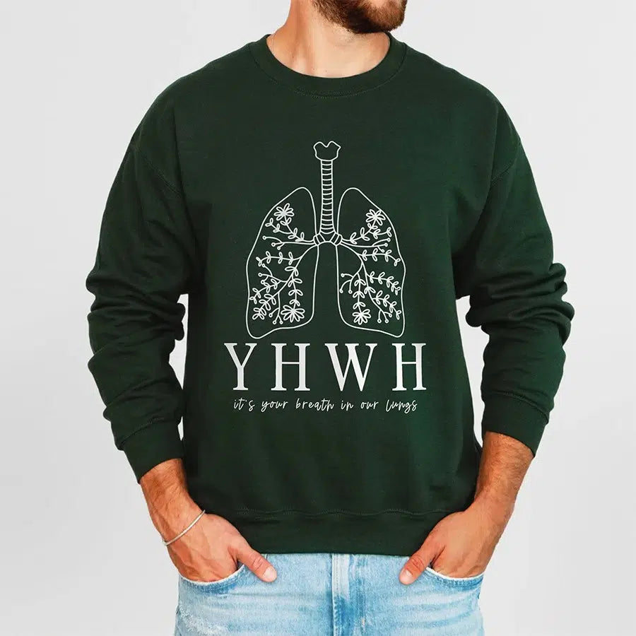 Mens Model Wearing Forest YHWH Lungs Unisex Sweatshirt