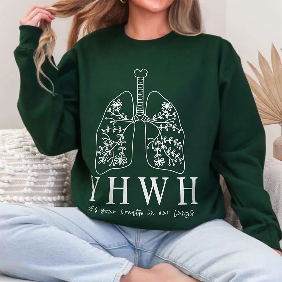 Womens Model Wearing Forest YHWH Lungs Unisex Sweatshirt