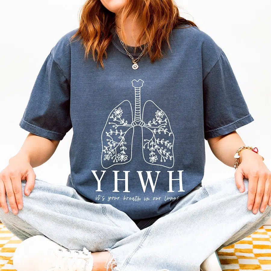 Womens Model Wearing Denim YHWH Lungs Unisex Tee
