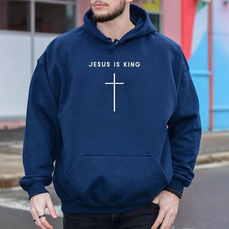 Mens Model Wearing Navy Jesus is King Cross Unisex Hoodie