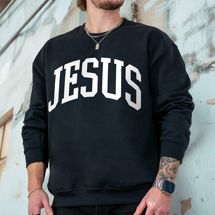 Mens Model Wearing Black Jesus Unisex Sweatshirt
