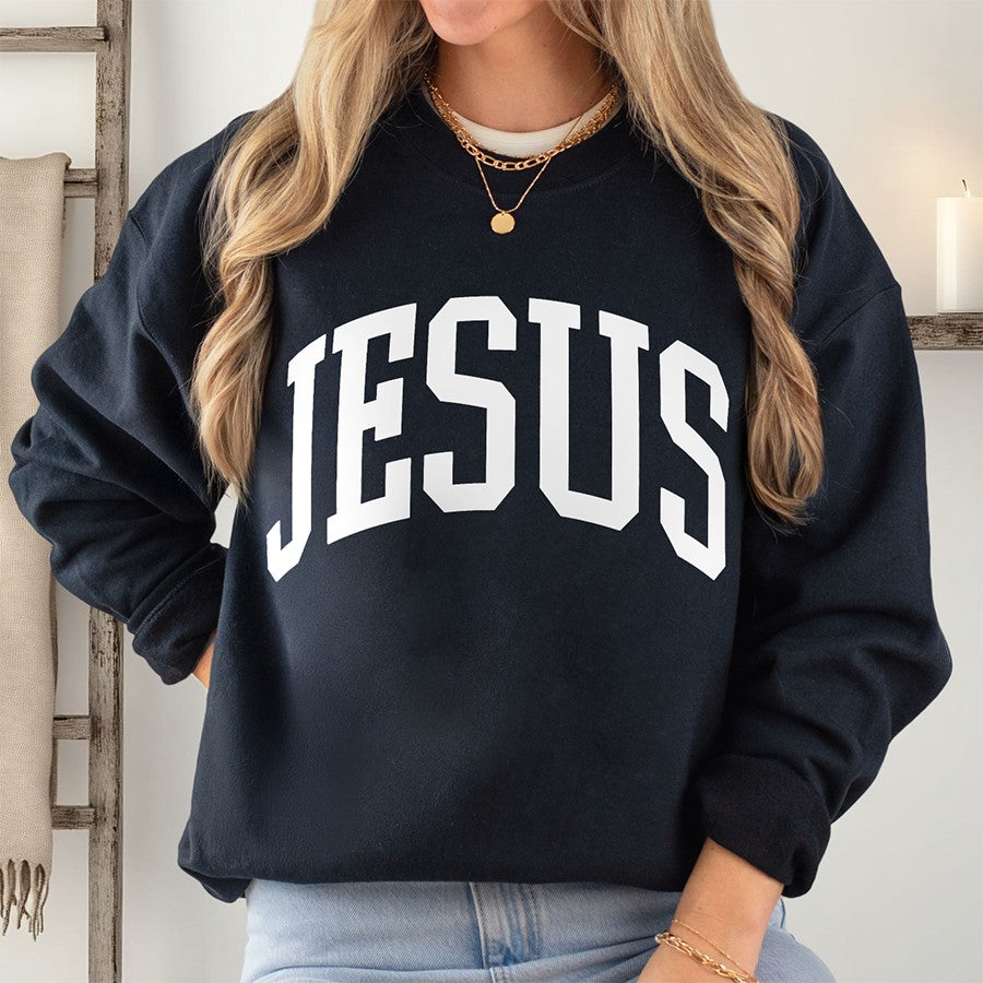 Womens Model Wearing Black Jesus Christ Unisex Sweatshirt