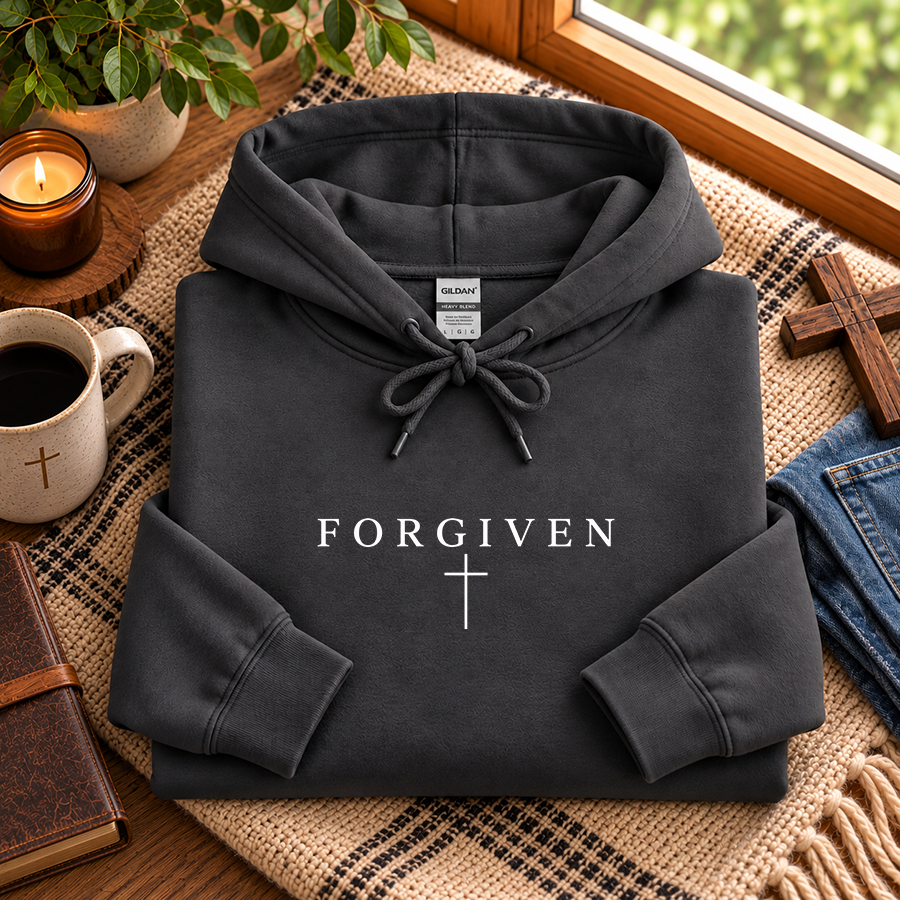 Forgiven Christian Hoodie in Charcoal - flat lay
