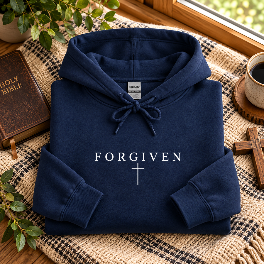 Forgiven Christian Hoodie in navy - flat lay
