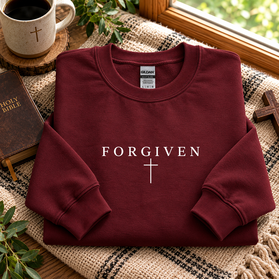 Forgiven Christian sweatshirt in maroon - flat lay