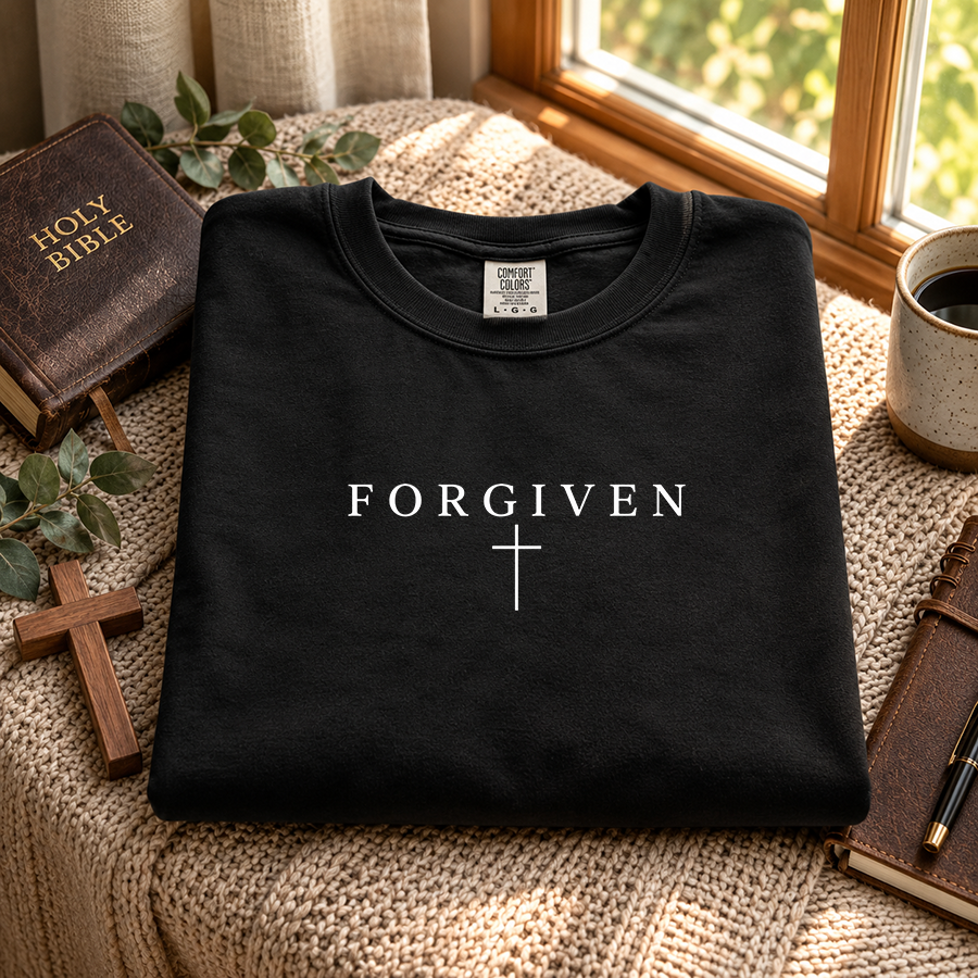 Forgiven Christian t-shirt in black - flat lay