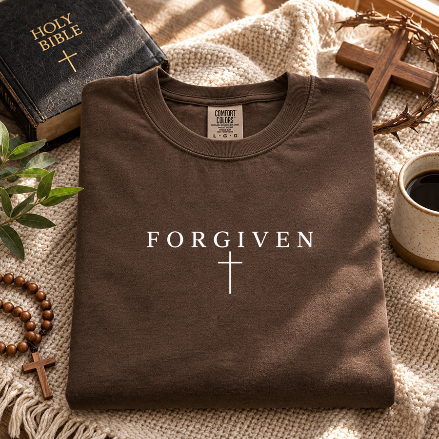 Forgiven Christian t-shirt in espresso - flat lay