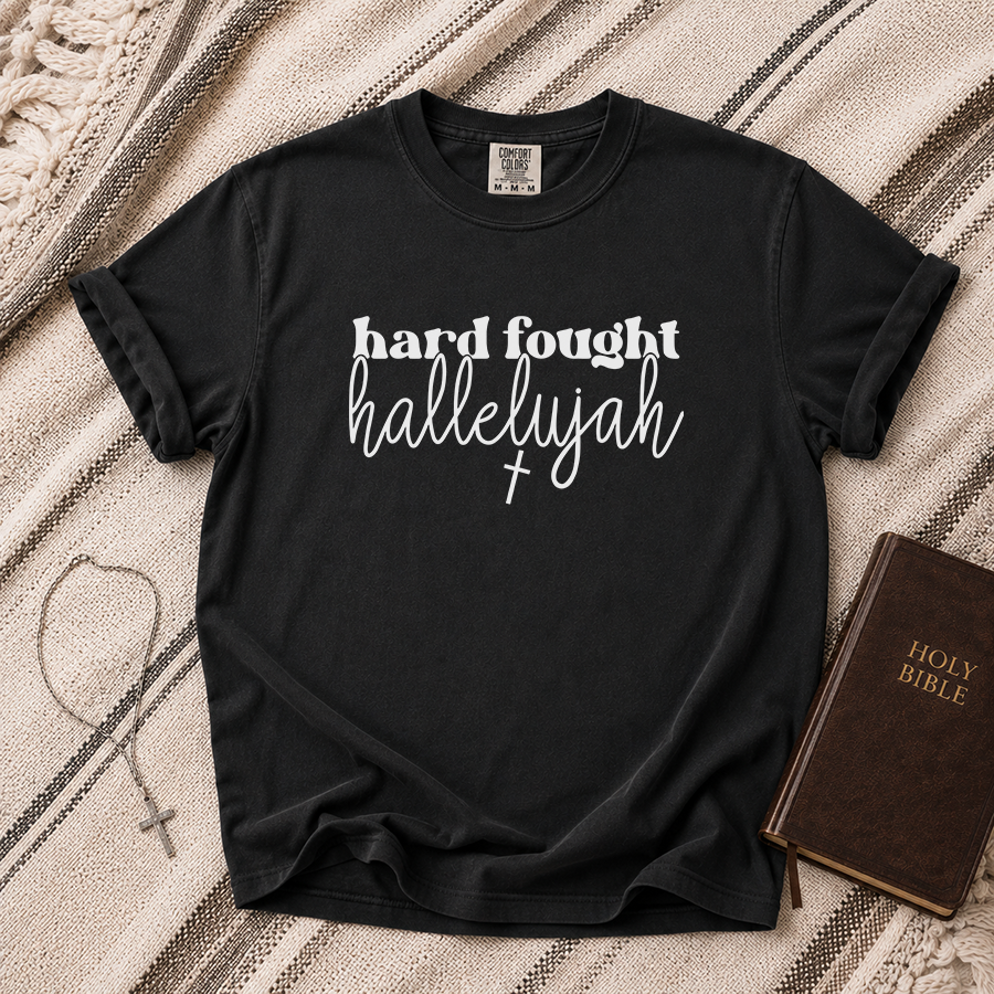 Hard Fought Hallelujah Christian T-Shirt in Black – Christian Faith Shirt Flat Lay